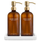 Vine Creations Amber Glass Soap Dispenser Set, Kitchen Soap Dispenser Set with Ceramic Tray, 16 oz Dish Soap and Hand Soap Dispensers with Stainless Steel Pump Decor (Amber Bottle/Brushed Brass) - color: Amber Bottle / Brushed Brass Pump