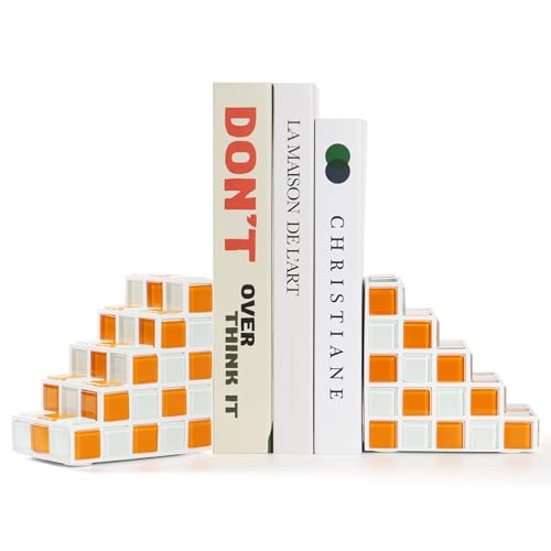 Decorative Bookends for Shelves - Stair Book Ends for Heavy Books - Unique Book Stopper & Holder for Shelves - Modern Home Decor Aesthetic Bookshelf Decor (Orange & White) - color: Orange & White