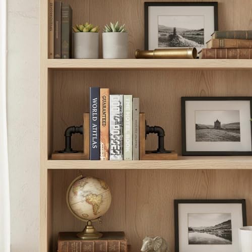 MyGift Book Ends, Decorative Bookends, Heavy Duty Book Holders for Shelves, Rustic Wood with Realistic Industrial Pipe Design,Unique Ideas for Father's Day, Christmas - color: Rustic Brown