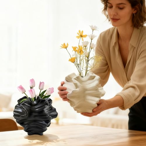 Ceramic Vase, Set of 2 White & Black Vases for Home Decoration, Flower Vase Minimalist Nordic Boho Style for Modern Farmhouse Decor, Living Room; Kitchen; Bedroom; Dining Table etc - color: 2 Large Ceramic Vases