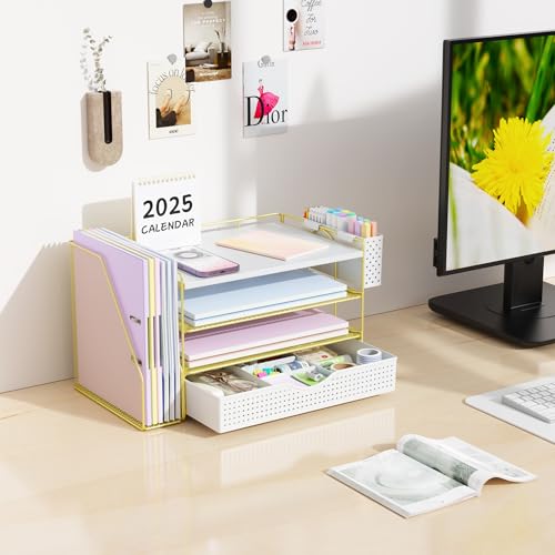 gianotter Wood Desk Organizers and Accessories with File Holder, 4-Tier Desk Accessories & Workspace Organizers with Drawer and Pen Holder, Paper Organizer for Office Supplies (Gold) - color: Gold