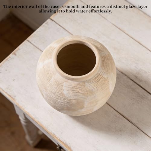 Large Rustic Farmhouse Vase - 8.8 in Ceramic Boho Decorative Vase for Home Decor, Round Clay Whitewashed Terracotta Bowl vase for Living Room, Table, Shelf, Centerpieces - style: 02 - Large Rustic Ribbed Whitewash