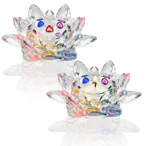 Colorful Crystal Lotus Flower Tealight Candle Holders, 2 Packs, K9 Crystal Material, Candlestick Decor, Glass Tealight Candlestick, Christmas Home Decoration - color: Colorful-2pcs
