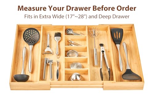 Umilife Extra Large Expandable Kitchen Drawer Organizer for Utensil and Junk, 19" Deep for Big Drawer, 17" to 28" Adjustable Bamboo Wood Drawer Divider, Cutlery Tray, Flatware Holder - style: For Utensil (17"~28" x 19")