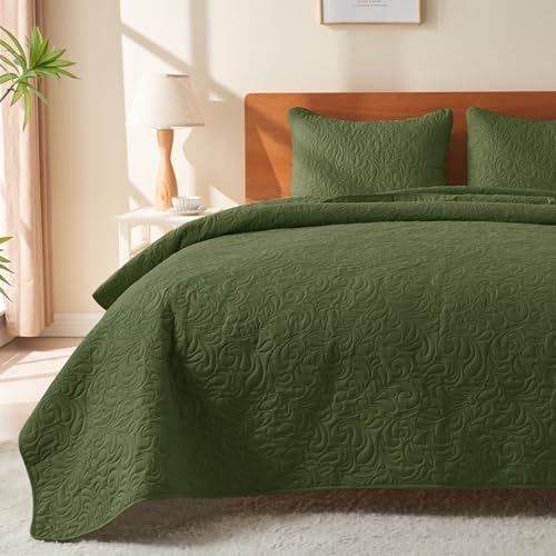 JYHOPE Olive Green Twin Quilt Set 68x90 Lightweight Microfabric Bedspread, 3-Piece Quilt Bedding with Pillow Shams, Summer Cooling Quilts, Ribbon Wrapped Gift - color: Flower Pattern-olive Green, size: Twin(68x90)