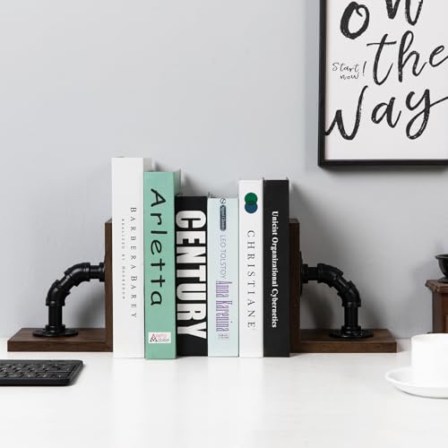 Rustic Decorative Wooden Tabletop Farmhouse Bookends for Heavy Books with Modern Industrial-Style Pipe Office Desktop Bookshelf Organizers Stoppers Holder Nonskid Shelf Decor 1-Pair (Dark Brown) - color: Dark Brown