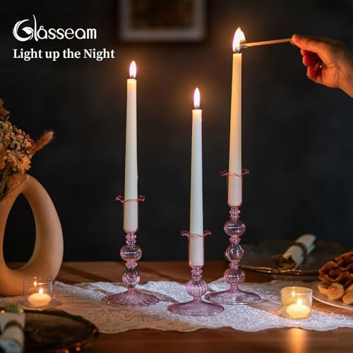 Glasseam Tapered Candlestick Holders Pink: Set of 3 Glass Candle Sticks Holder Decor with Bobeche Modern Ribbed Taper Candle Holders for Table Centerpiece Valentines Wedding Home Decorations - color: Pink