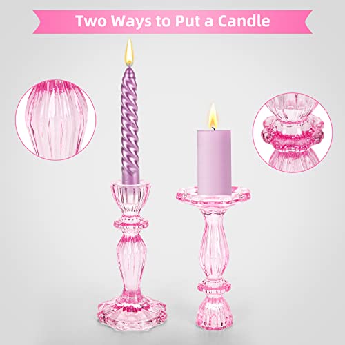Glass Candle Holders, 2PCS Decorative Candle Stand Wide Base Candlestick Holder Table Centerpiece Decor for Wedding Festival Party Windowsill, Pink - color: Pink