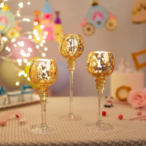 Glass Tealight Candle Holder: Gold Mercury Votive Holders 9/10/12 Inch Tall Long Setm Floating Candle Holders for Christmas Dining Table Centerpiece Wedding Party Set of 3 - color: Gold
