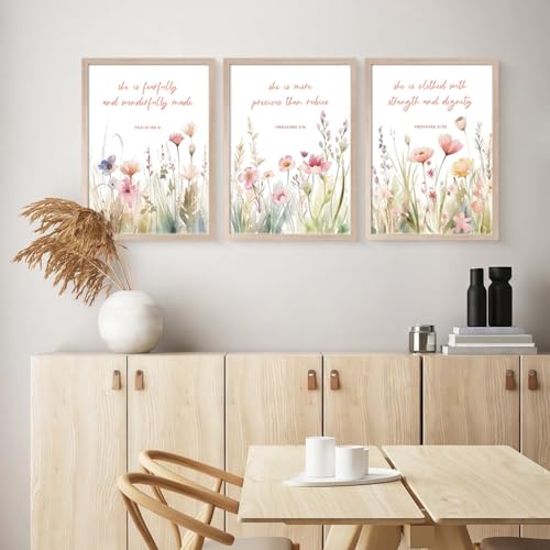 3Pcs Christian Floral Scripture Canvas Wall Art, Wildflower Bible Verse Posters Wall Decor, Psalm Religious Faith Art Pictures Prints for Living Room Bedroom Decorations 12x16in Framed - color: Wildflower Flower Bible Verses-2, size: 12"x16"