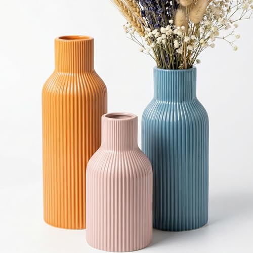 Colorful Ceramic Vases Set of 3(Pink, Blue, Orange), Modern Glossy Ribbed Color-Block Vase, Scandinavian Boho Style Decorative Ornament for Living Room and Shelves - color: Glossy-pink/Blue/Orange