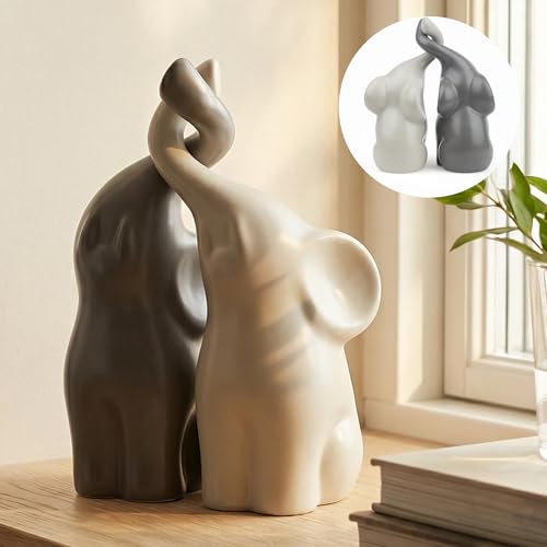 QINJIEJIE Elephant Statue Elephant Figurines Loving Gifts for Women Couples Ivory Wedding Anniversary Modern Ceramic Elephants Sculpture Lucky Elephants Ornament in Love - color: Beige & Grey