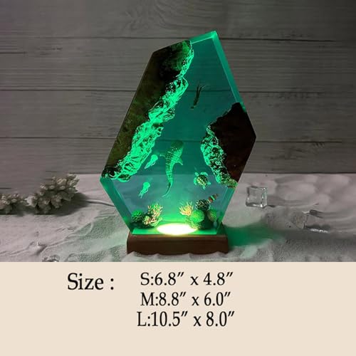 Ocean Creative Epoxy Resin Wood Light Lamp, Handmade Multi Color Aquatic Ocean Lamp Deep Sea Diver Cave Diving Enthusiasts Led Night Light Desktop Decor Christmas Birthday Gift (Shark And Diver, S) - color: Shark and Diver