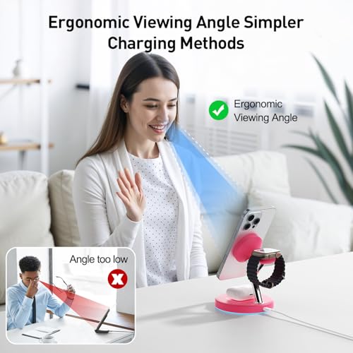 New 3 in 1 Charging Station for Apple Compatible with Magsafe Charger Stand for iPhone 17 16 15 14 13 12 Wireless Charging Station for AirPods Wireless Charger for iWatch Series - color: Rose Red