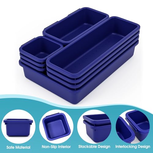 10 PCS Drawer Organizer Set, 4 Size Makeup Drawer Divider Organizer With Non-Slip Pads, Interlocking Plastic Storage Bins for Office,Jewelry Vanity,Gadgets, Bathroom,Kitchen, Navy - color: Navy, size: 10Pack