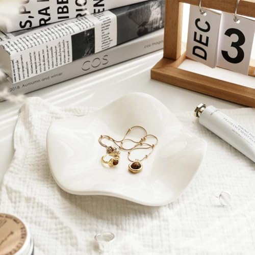 White Wave Ceramic Jewelry Dish Tray, Vanity Ring Dish Ceramic Jewlery Trays Trinket Ring Holder,Room Decor Aesthetic,Decorative Vanity Key Tray for Women (Wave) - style: Wave