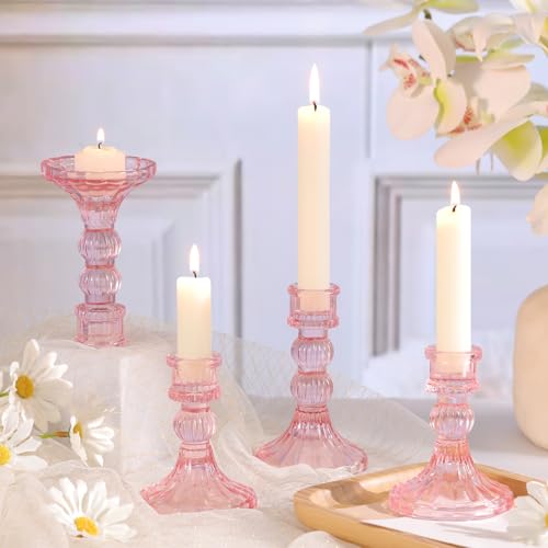 DARJEN 6Pcs Pink Candlestick Holders Set - 4" H & 5" H Striped Taper Candle Holders Bulk, Glass Candle Holders for Wedding, Festival, Party, Table Centerpiece, Gifts - color: Pink, size: Striped Pattern