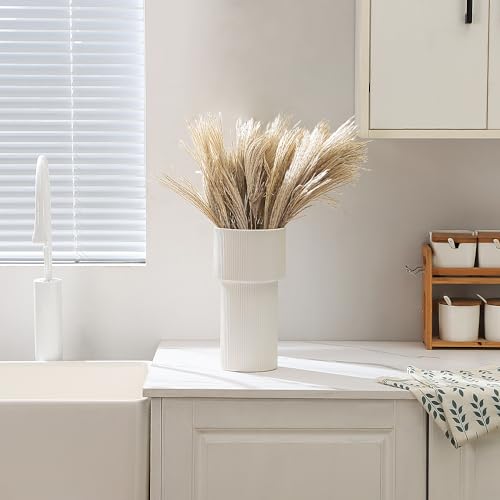 White Ceramic Flower Vase, Decorative Vase for Pampas Grass, Ribbed Vases for Decor, Boho Vases for Living Room, Office, Mantel, Shelf, Dinning Table, 10 Inches - color: White, size: Extra Large Ribbed