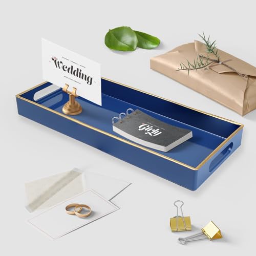 Blue Bathroom Vanity Tray for Countertop, Small Plastic Toilet Tank Versatile Storage & Organization Tray for Makeup, Perfume, Desk, Kitchen, Candles, 13.7"x6"x1.4", 35HB - color: 15hblue