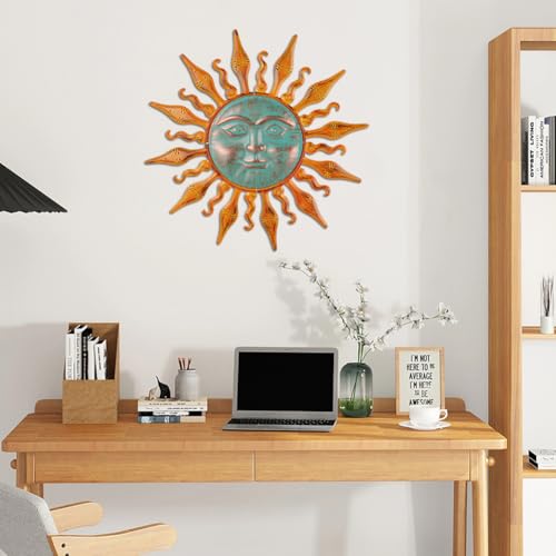 HOBYLUBY Large Outdoor Wall Decor Rust Proof, Sun Face Metal Wall Art Decor Hanging for Indoor Outdoor, Patio, Fence, Garden(Orange) - color: Orange