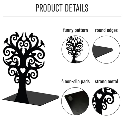 WADORN 1 Pair Branches Bird Metal Decorative Bookend for Shelves, Heavy Duty Book Ends Modern Non-Skid Books Holder Stand Black Book Support Stoppers for Desk Bookshelf Office Home, 5.3x4.3x7.9 Inch - color: Branches Bird