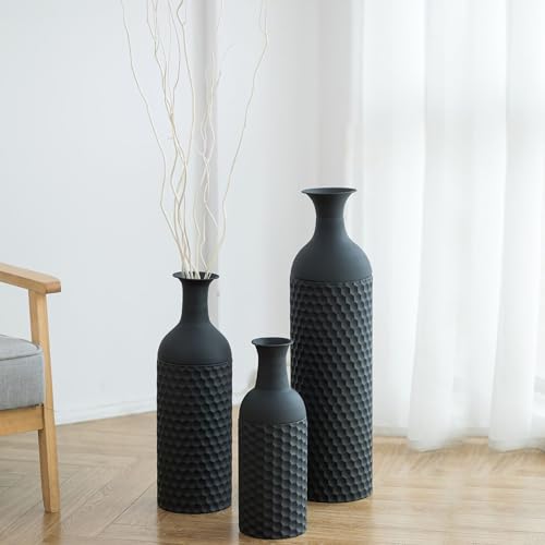 Sziqiqi Large Black Vases Tall 27inch - Metal Floor Standing Vase Set of 3 Modern Honeycomb Texture Big Standing Vase for Living Room Dining Bedroom Home Corner Hallway Indoor Office - style: Large Black Vases