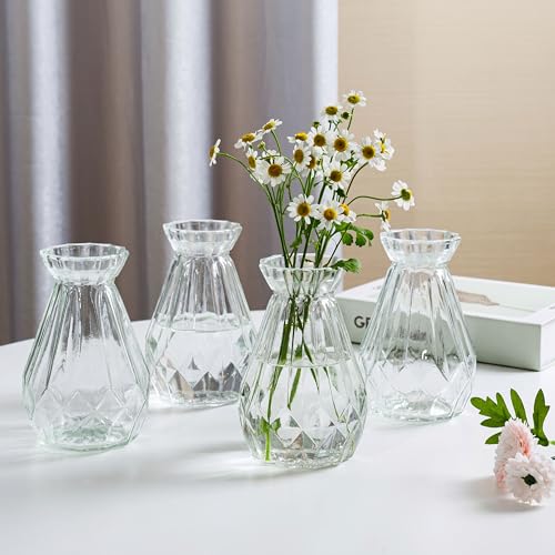 MyGift Mini Set of 6 Diamond-Faceted Clear Glass Bud Vases – Small Decorative Flower Vases for Table Centerpieces, Weddings, and Home Décor