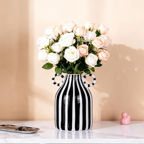 Black and White Ceramic Vase with Handle, Nordic Boho Small Vases Side Table Flower Centerpiece, Wide Mouth Single Flower Vase Pampas Grass Decorative - For Home Window Sill Living Dining Room Kitchen - color: Black and White