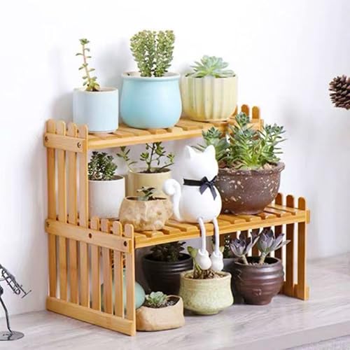 GURECOD 10.8" 2 Tiers Bamboo Plant Stand Shelf,Desk Flower Pot Holder,Adjustable Desktop Shelf Display Organizer Ladder Rack for Office Decorate Desk Shelving Storage Rack,Kitchen Rack (10.8" Length) - size: 10.8" Length