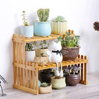 GURECOD 10.8" 2 Tiers Bamboo Plant Stand Shelf,Desk Flower Pot Holder,Adjustable Desktop Shelf Display Organizer Ladder Rack for Office Decorate Desk Shelving Storage Rack,Kitchen Rack (10.8" Length) - size: 10.8" Length