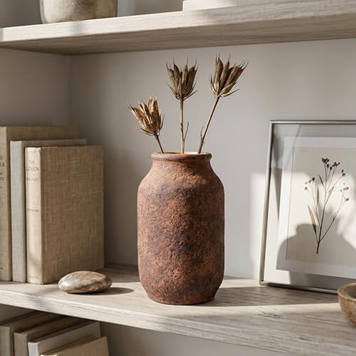 Terracotta Pottery Vase, 9 Inch Ceramic Decorative Flower Vases for Home Decor, Farmhouse Rustic Vase for Centerpieces, Living Room Entryway Table Mantle Decor, Brown