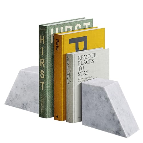 Flexzion Book Ends for Heavy Books - White Marble Bookends Decorative for Shelves, Weighted Modern Stone Marble Bookends Stopper with Non-Skid Bottom for Desk, Shelves, Kitchen and Office (Set of 2)