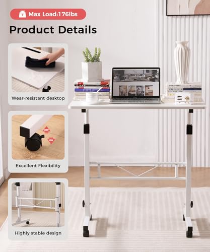 KLSMYHOKI Standing Desk Adjustable Height, Mobile Stand Up Desk with Wheels Small Computer Desk Rolling Desk, Portable Laptop Desk White Standing Table Home Office Desks 16"x31.5" Height 27"-43.5" - color: White