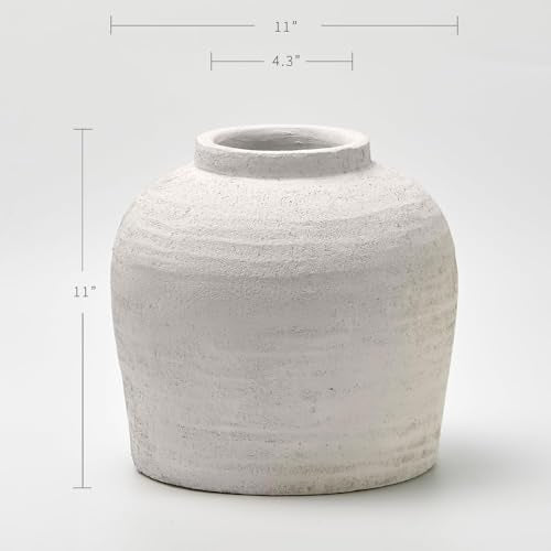 LB2 White Ceramic Large Vase, 11" Tall Zen Style, Terra Cotta Pitcher, Distressed Farmhouse Decor, Pottery Decorative Flower for Home Decor (B - White 11") - color: B - White 11"