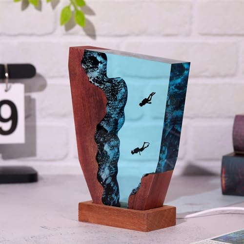 Drawelry Ocean Creative Epoxy Resin Wood Light Lamp, Handmade Multi Color Aquatic Ocean Lamp Deep Sea Diver Cave Diving Enthusiasts Led Night Light Desktop Decor Christmas Birthday Gift (Diving, S) - color: Diving