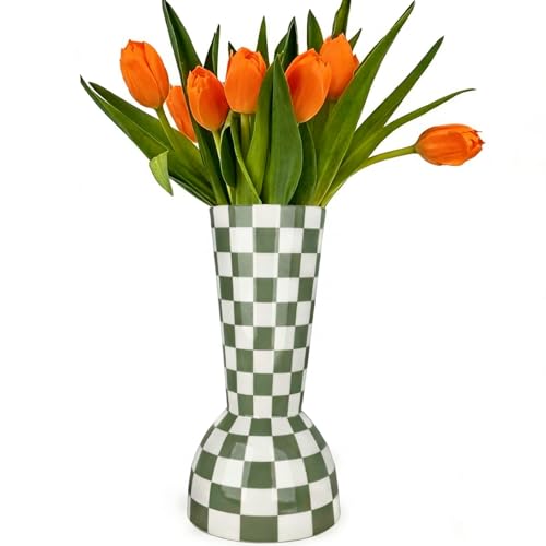 Sage Green Checkered Vase, Aesthetic Modern Ins Cool Flower Vases for Home Decor, Entryway Table, Centerpieces Decoration for Kitchen, Living/Dining Room, Bedroom, Bathroom, Coffee Tables (Ceramic) - color: Sage Green