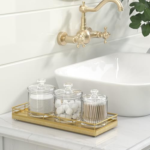 Bathroom Tray for Counter, Oak Wooden 11.2" L Decorative Vanity Tray for Dresser Tops, Kitchen Countertop Organizer, Gold Brushing - color: All Golden, size: 11" x 4.3" x 1.5"