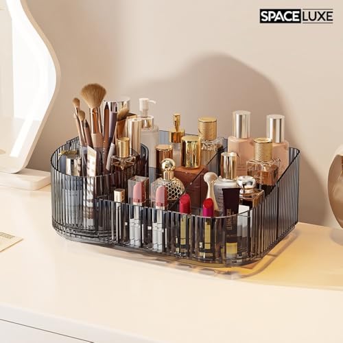 Makeup Organizer with Drawers and 360° Rotating Brush Holder, Large Capacity Cosmetic Storage for Vanity, Skincare, Perfume, Hair Accessories, Lipstick & Jewelry (Transparent Gray, 2-layer) - color: Transparent Gray, size: 2-layer