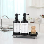[Luxury] Kitchen Soap Dispenser Set - 16OZ Black Glass Bottle, Stainless Steel Pump, Instant Dry Tray, Waterproof Labels, Non-Slip Silicone Pad, and Dish Brush | Upgrade for Your Kitchen and Bathroom - color: Black Bottle + Black Pump