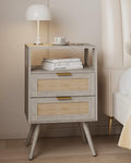 JOONEE Rattan Nightstand,Farmhouse Bedside Table with 2 Storage Drawer and Open Wood Shelf, for Bedroom and Small Spaces,Night Stand with Solid Wood Legs (Grey Oak) - color: Grey Oak