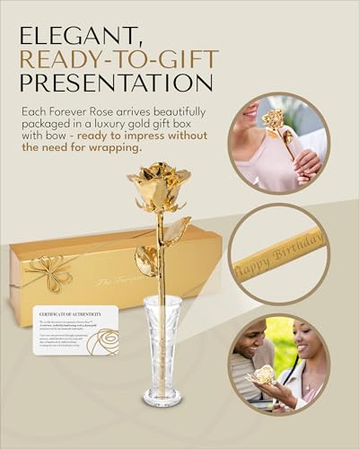 Forever Rose The 24K Gold Dipped Rose, Custom Laser Engraved Gold Flower in an Elegant Glass Vase & Gift Ready Box, Handcrafted Luxury Anniversary, Birthday, Wedding or Valentine’s Keepsake - color: Gold