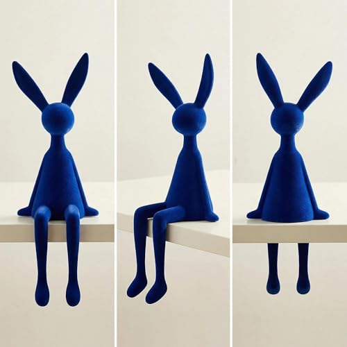 Klein Blue Flocked Bunny Figurine, Modern Sitting Rabbit Sculpture, Resin Abstract Animal Art Statue for Home Decor, Bookshelf Accent (Small)