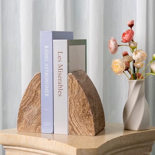 Koville Travertine Bookends for Shelves, Large Stone Bookends for Heavy Books, Non-Slip Heavy Duty Book Stopper for CD/Movies, Aesthetic Decorative Book Ends for Bookshelf Table Home Decor(Brown) - color: Sail-brown Travertine