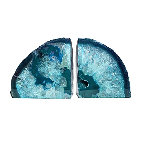 AMOYSTONE Teal Agate Bookends, Decorative Brazilian Crystal Quartz Book Stopper, 3-4 LBS with Non-Slip Mat, Perfect for Kitchen Cookbooks and Bookshelf Ends - color: Teal, size: 3-4 Pounds
