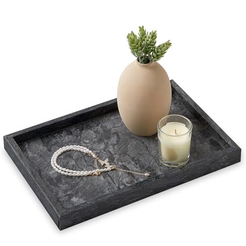 Large Marble Vanity Tray, Luxury Stone Organizer for Bathroom & Kitchen Counter | Holds Soap Dispenser, Jewelry, Perfume Bottles | Non-Resin, Non-Ceramic Décor - color: Black, size: 11.8" x 7.8" x 1.2"