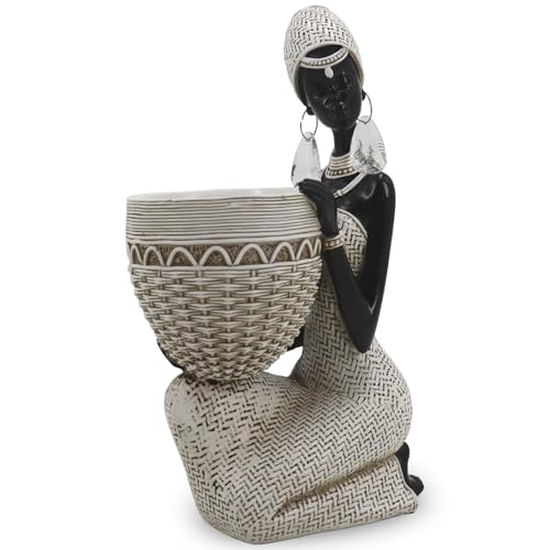 Lescafita Handmade White African Tribal Woman Sculpture - Crystal Earrings & Basket Statue, Ivory Resin Home Decor for Modern Shelves/Tables, Elegant Housewarming Gift (9.65" H) - color: 305-white