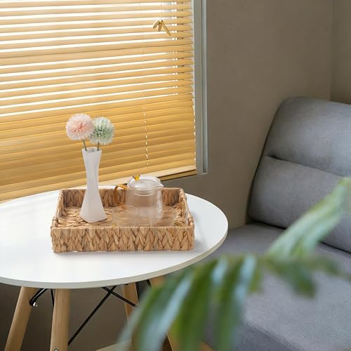 2 Pack Water Hyacinth Tray with Handles, Rectangular Wicker Serving Tray, Woven Serving Basket for Coffee Table, Bathroom, Living Room, Kitchen