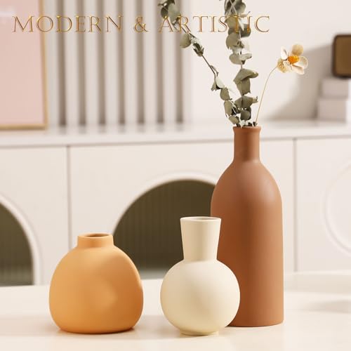 Joeabor Ceramic Vase Set of 3 - Handcrafted Ceramic Vases for Home Decor & Shelf - Modern Farmhouse Decor for Kitchen, Office, Bedroom & Living Room Decorative Objects for Mantel, Table Centerpieces - color: Set a