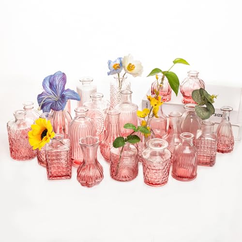 UMEIED 24 Pack Glass Bud Vases in Bulk for Centerpieces, Clear Vintage Decorative Small Vases for Flowers, Wedding Rustic Home Table Decor (Pink) - color: Pink