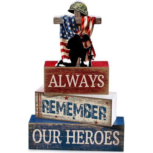 CroBlissful 4 Pcs Memorial Day Decorations 4th of July Patriotic Tabletop Decoration Red White Blue Table Centerpieces Alway Remember Our Heroes Sign for Tiered Tray Home Shelf 250th Anniversary - style: 4th of July